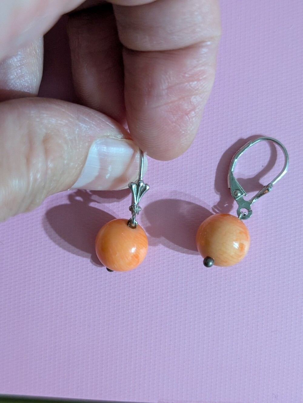 Orange Rose Coral Bead Drop Earrings Silver 925 Vintage- Women Jewelry